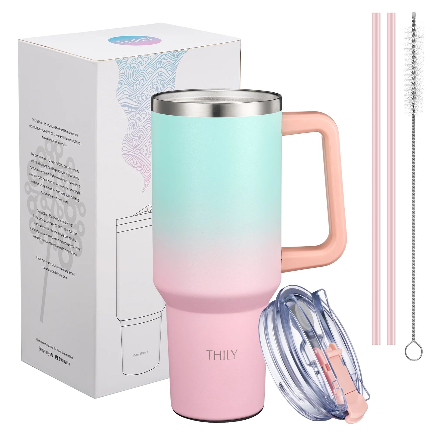 40 Oz Vacuum Insulated Tumbler with Handle - Stainless Steel Coffee Travel Mug with Lid and Straws, Keep Drinks Cold 34 Hours or Hot 12 Hours, for Cold Drinking, Tea, Iced Water, Candy Pink