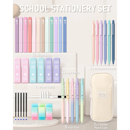 39 PCS Cute Supplies with Pen Case- 5 Black Ink Gel Pens, 12 Pastel Highlighters, 6 Aesthetic Mechanical Pencils Set for Stationary College Essentials (Cream)