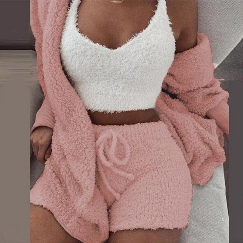 Winter Plush Loungewear Casual Three-Piece Pajama Set