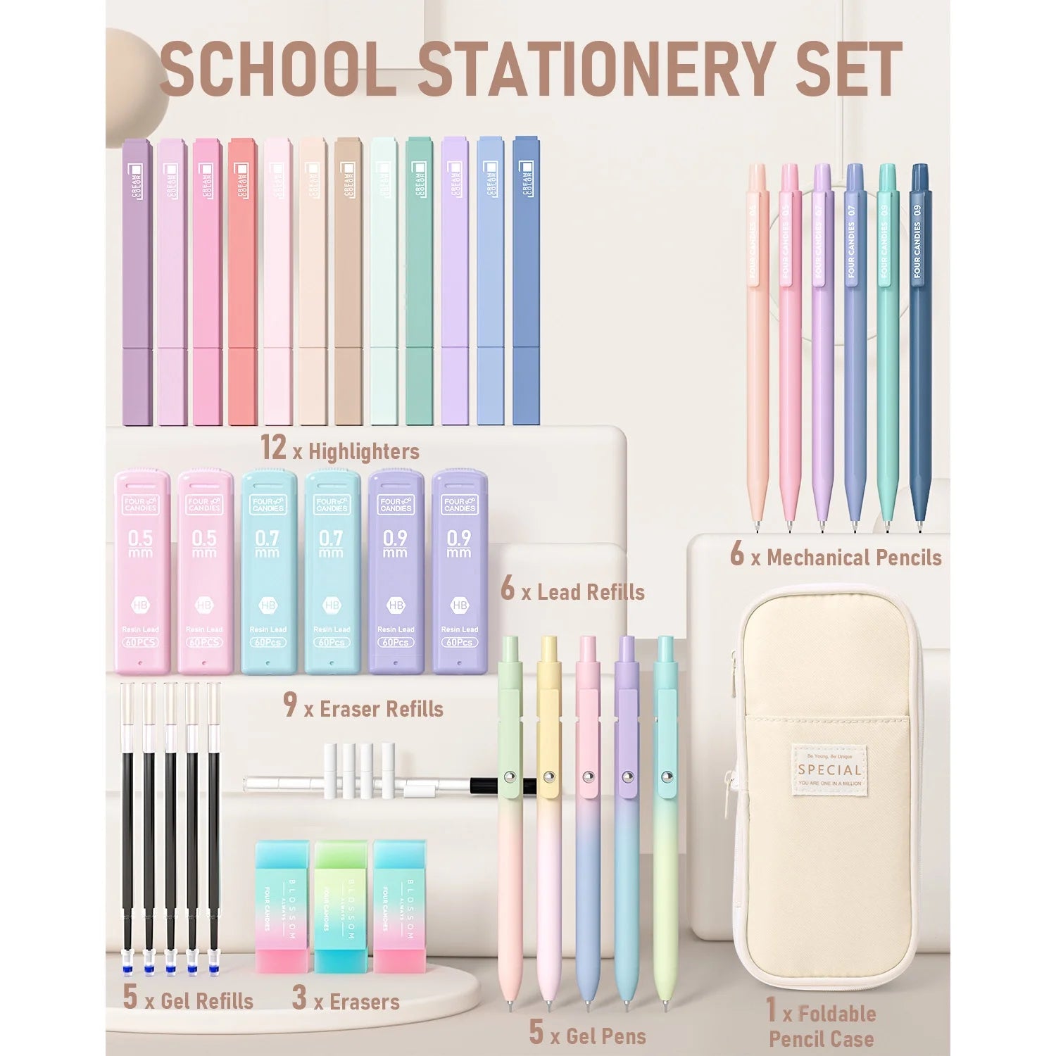 39 PCS Cute Supplies with Pen Case- 5 Black Ink Gel Pens, 12 Pastel Highlighters, 6 Aesthetic Mechanical Pencils Set for Stationary College Essentials (Cream)