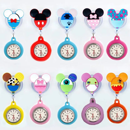Retractable Cartoon Pattern Nurse Doctor Pocket Hang Clips Watches Colourful Hospital Medical Women Mens Badge Reel Clock