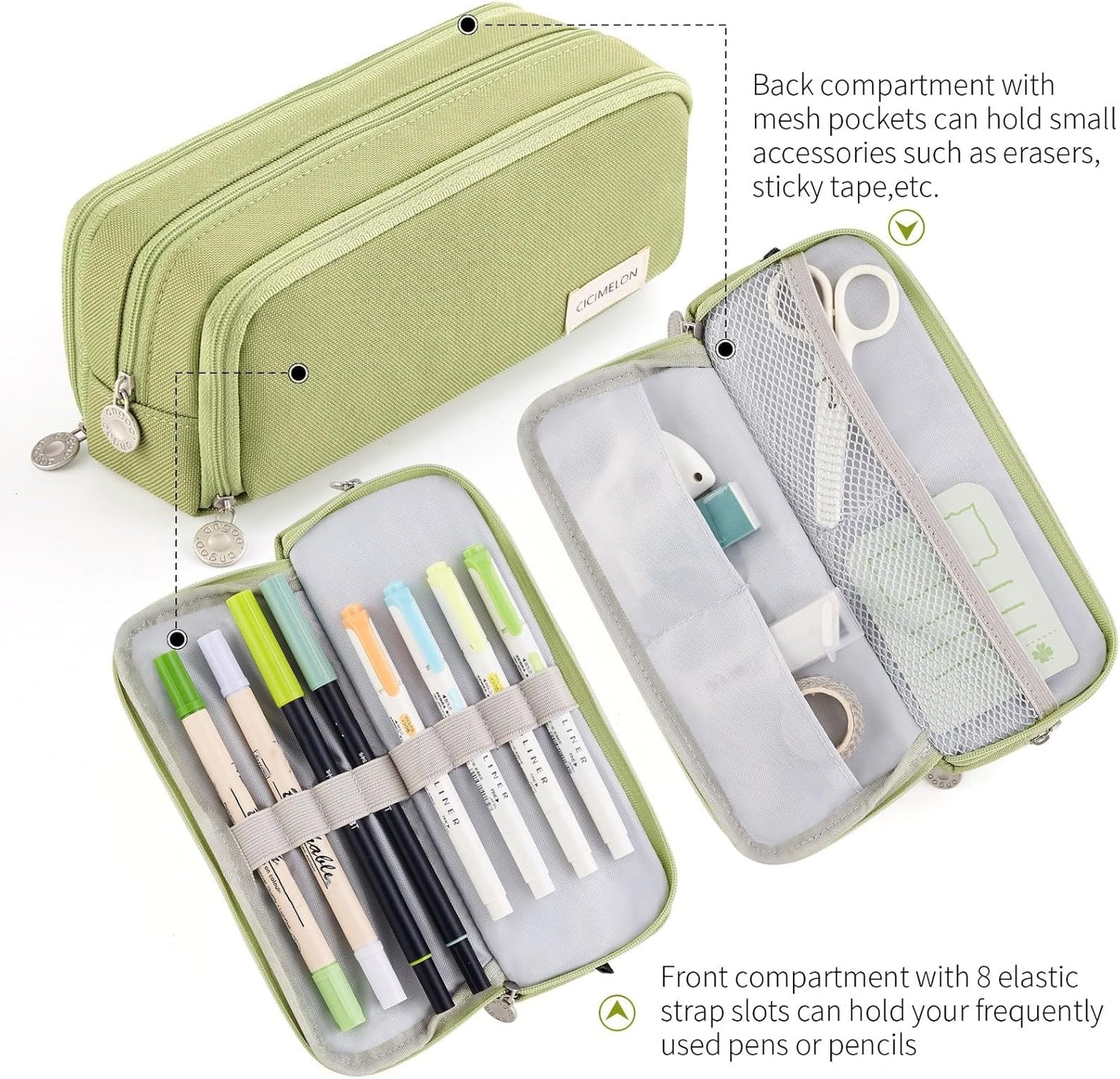 Large Capacity Pencil Case 3 Compartment Pouch Pen Bag for School Teen Girl Boy Men Women (Green)