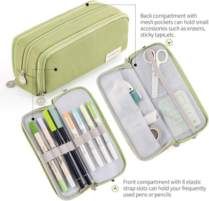 Large Capacity Pencil Case 3 Compartment Pouch Pen Bag for School Teen Girl Boy Men Women (Green)