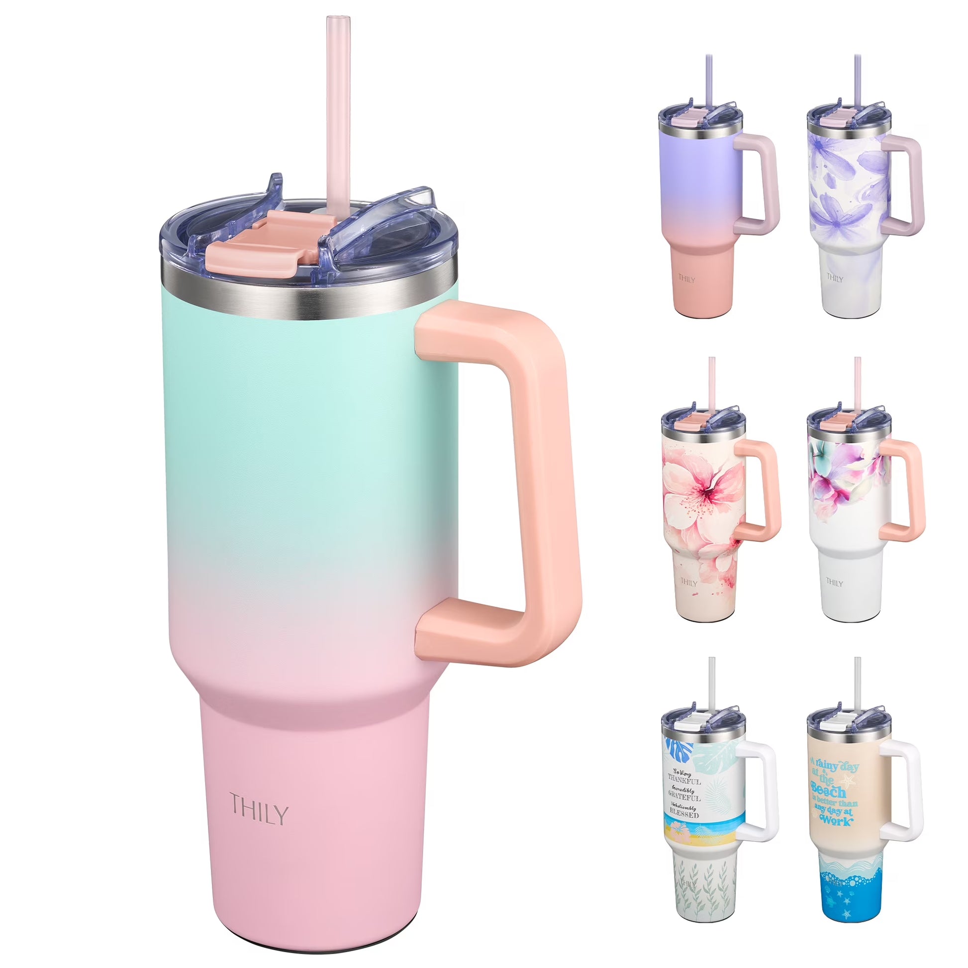40 Oz Vacuum Insulated Tumbler with Handle - Stainless Steel Coffee Travel Mug with Lid and Straws, Keep Drinks Cold 34 Hours or Hot 12 Hours, for Cold Drinking, Tea, Iced Water, Candy Pink