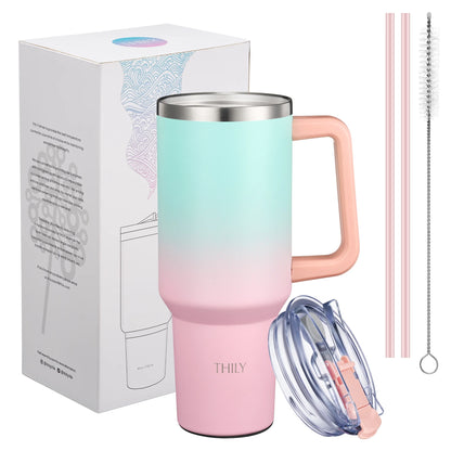 40 Oz Vacuum Insulated Tumbler with Handle - Stainless Steel Coffee Travel Mug with Lid and Straws, Keep Drinks Cold 34 Hours or Hot 12 Hours, for Cold Drinking, Tea, Iced Water, Candy Pink