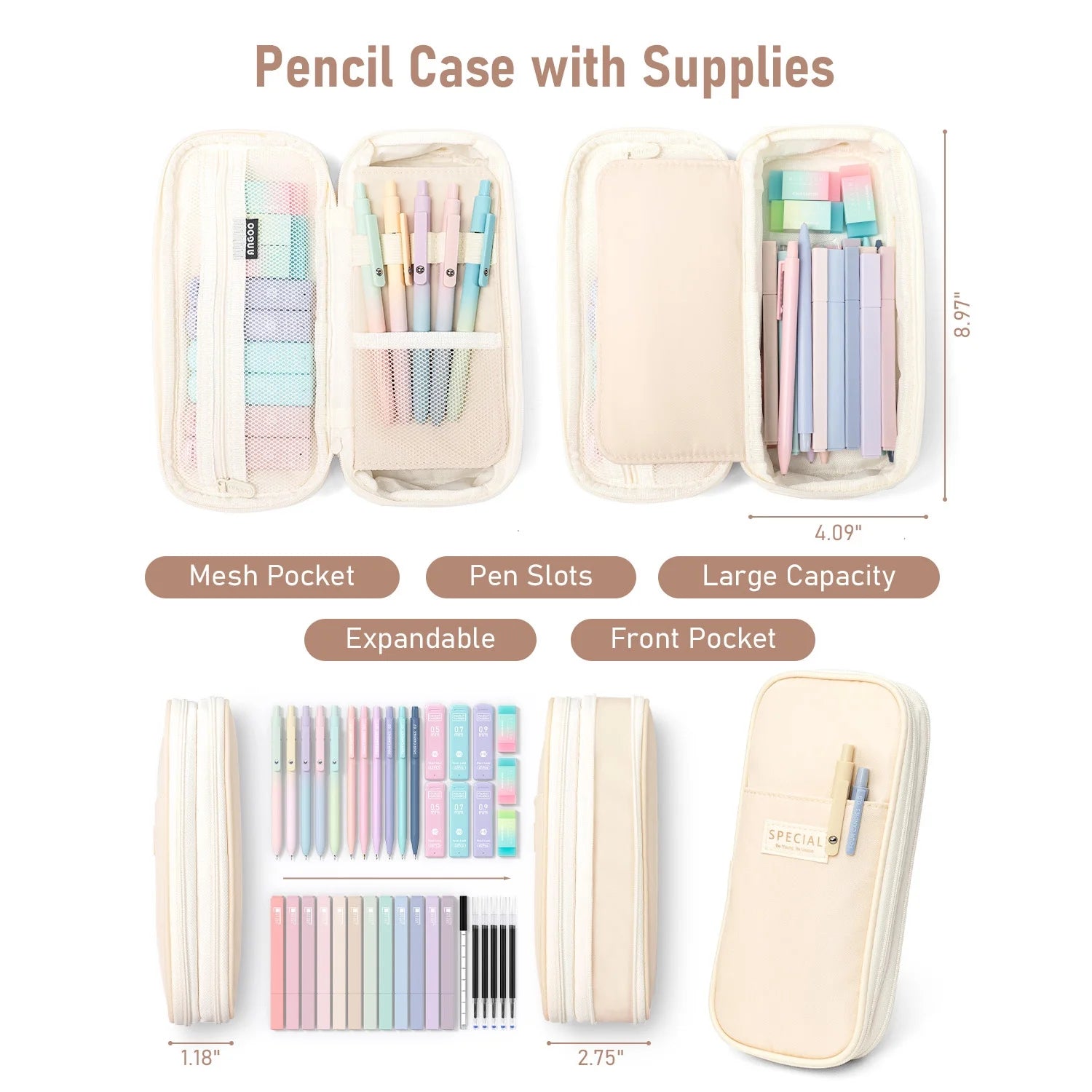 39 PCS Cute Supplies with Pen Case- 5 Black Ink Gel Pens, 12 Pastel Highlighters, 6 Aesthetic Mechanical Pencils Set for Stationary College Essentials (Cream)