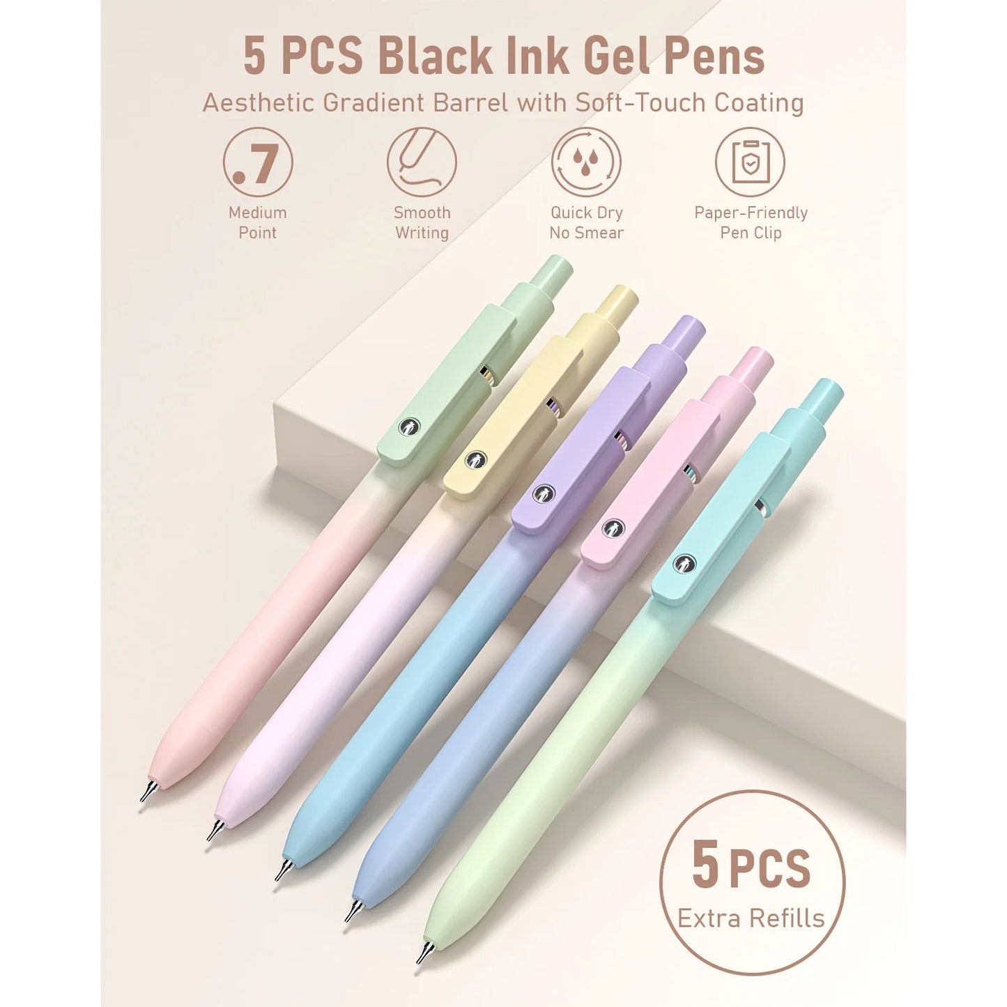 39 PCS Cute Supplies with Pen Case- 5 Black Ink Gel Pens, 12 Pastel Highlighters, 6 Aesthetic Mechanical Pencils Set for Stationary College Essentials (Cream)