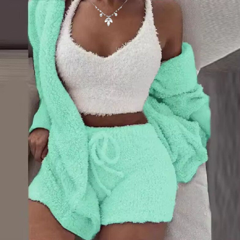 Winter Plush Loungewear Casual Three-Piece Pajama Set