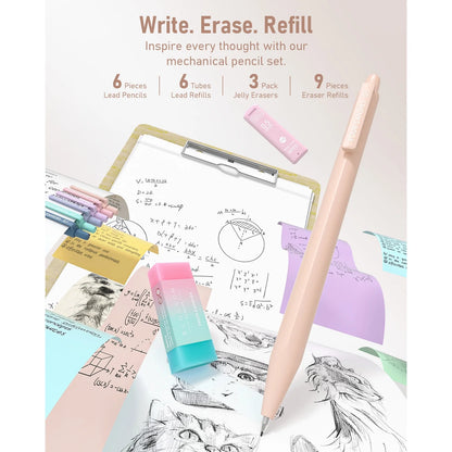 39 PCS Cute Supplies with Pen Case- 5 Black Ink Gel Pens, 12 Pastel Highlighters, 6 Aesthetic Mechanical Pencils Set for Stationary College Essentials (Cream)