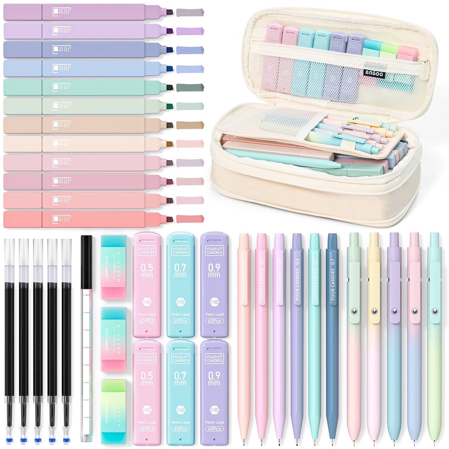 39 PCS Cute Supplies with Pen Case- 5 Black Ink Gel Pens, 12 Pastel Highlighters, 6 Aesthetic Mechanical Pencils Set for Stationary College Essentials (Cream)